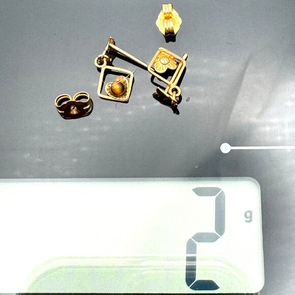 Vtg 12K GF Earrings 14K Gold Posts Tigers Eye Stone Open Diamond Design Pierced - Picture 6 of 8